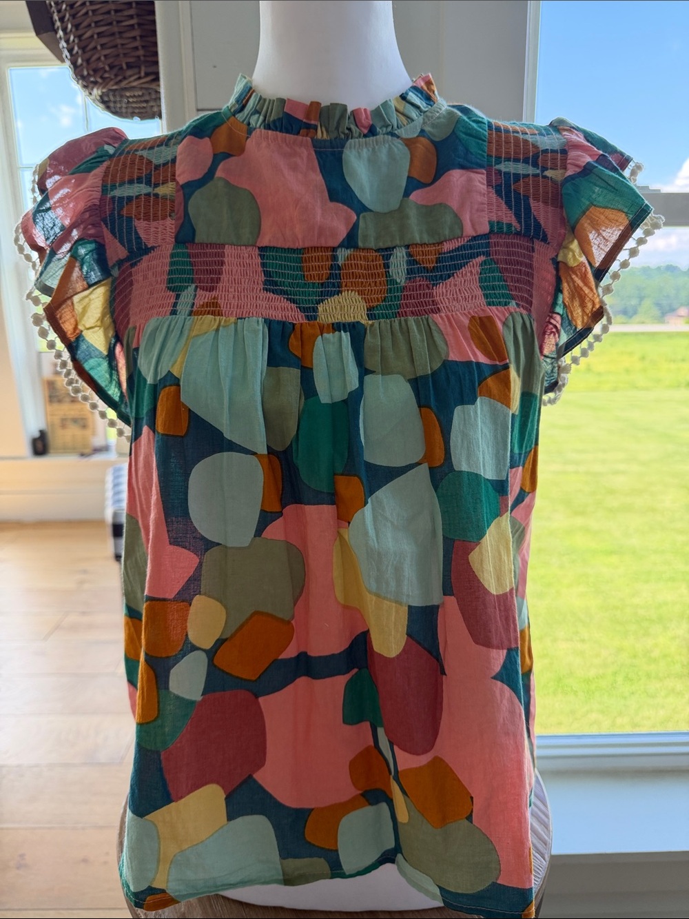 THML Multicolor Abstract Print Ruffle Sleeve Blouse